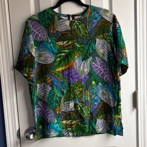 GALINDA Women's S Multicolor Silk Tropical Leaf Print T-Shirt Summer Vacation